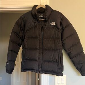 The North Face black Insulated Jacket, specks of paint on the back of sleeves.